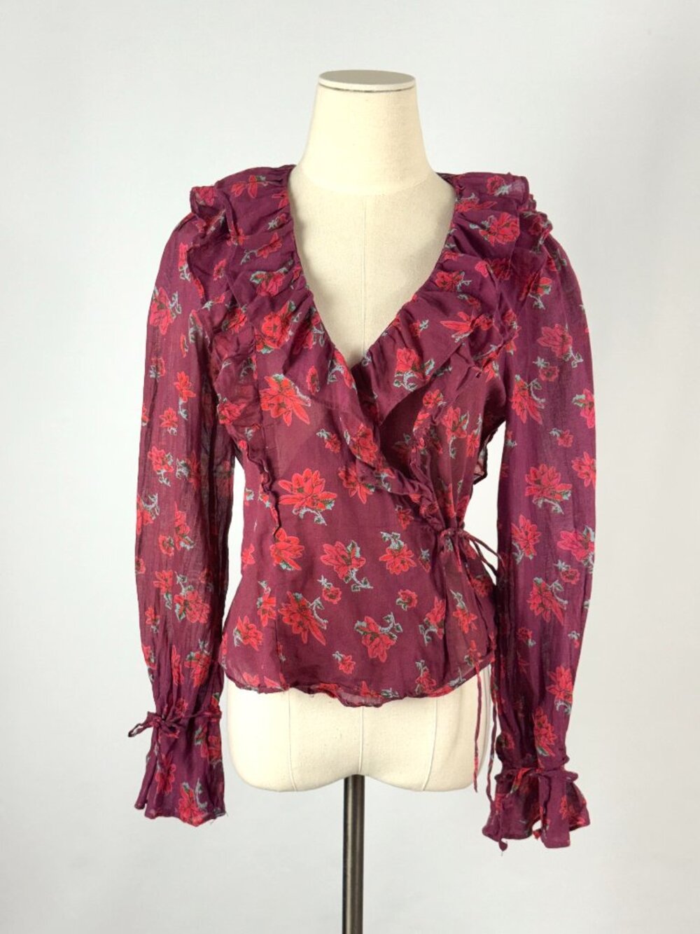 Free People Amanda Burgundy Floral Ruffle Wrap Top Cotton Voile Victorian Whimsy